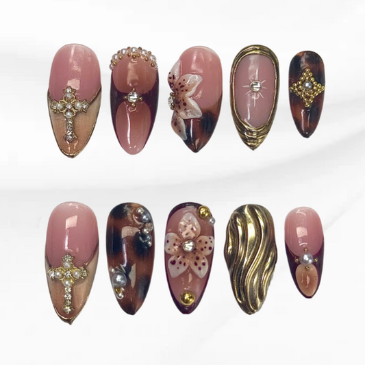 Glam Tortoise Bloom handmade tortoise shell press on nails with 3D flower and gold charm 