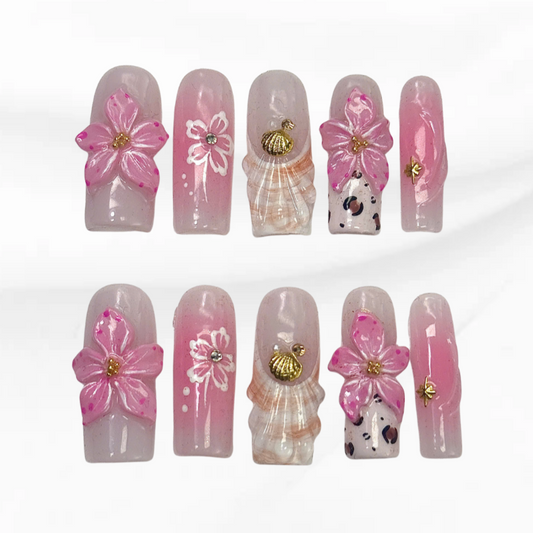 Leopard Shell Bloom  Handmade pink press-on nails with leopard print and 3D charm 
